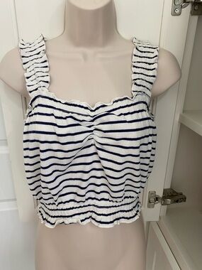 New adorable Roxy White and Navy Striped Ruffle Strap Cropped Tank